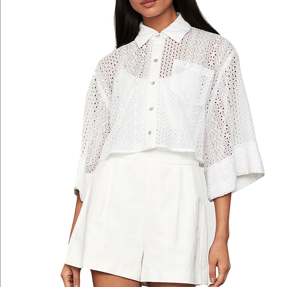 BCBG Womens Sheer Eyelet Button-Down Crop Top